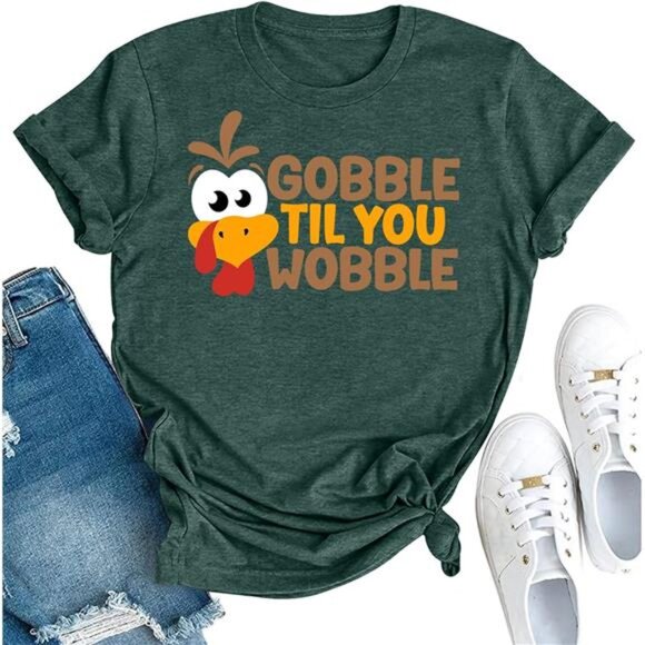 Funny Turkey "Gobble" Graphic Short Sleeve Tee | Thanksgiving Holiday Shirt - Picture 1 of 7